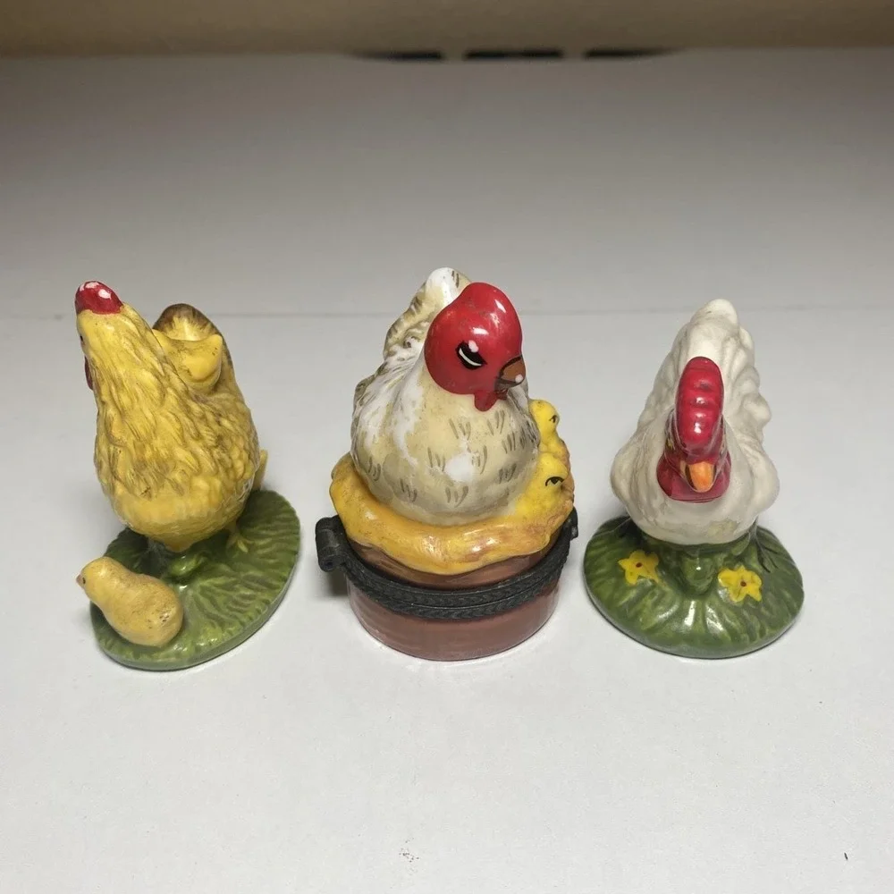 3 Beautiful Porcelain Hen-Rooster Figurines (One Is A Trinket Box)